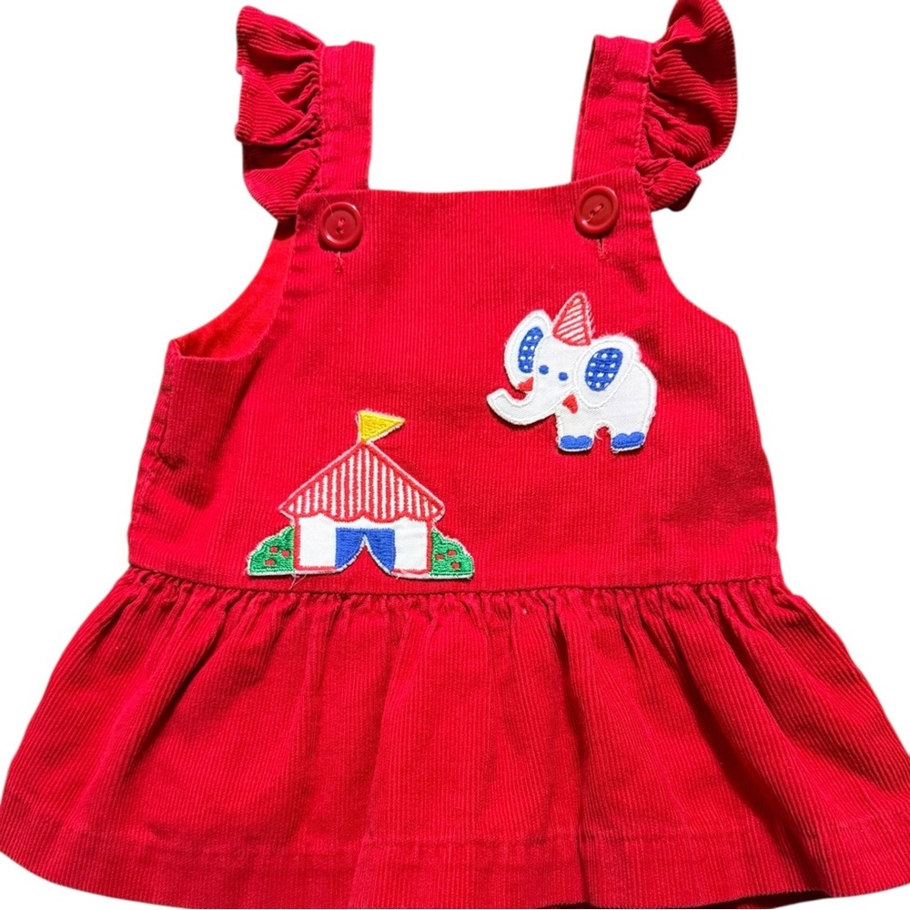 Red Corduroy Dress with Elephant and Tent Appliqué